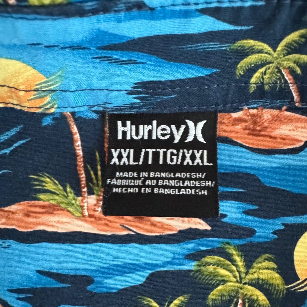 Hurley 2XL Blue Tropical Palm Tree Island Button Up Men's Hawaiian Shirt - Picture 7 of 9